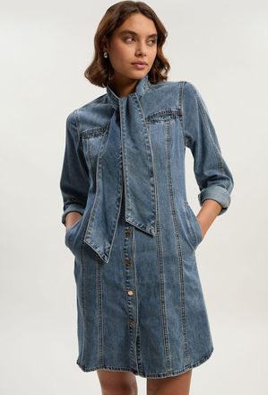 Karen Millen Womens Denim Pussy Bow Shirt Dress - Light Blue Cotton - Size 12 UK