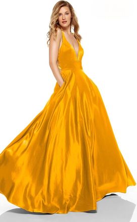 Alyce Paris Satin V Neck Cutout Back Gown In Marigold