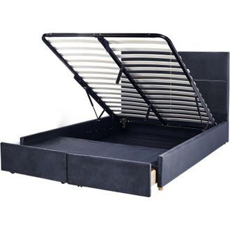 Beliani Cama Con Somier De Terciopelo Negro Dorado 160 X 200 Cm Almacenaje Vernoyes