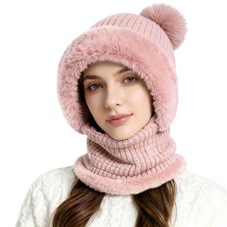 Generic 3 in 1 Hat for Women Winter Cap with Neck Warmer Scarf Mask Hats for Outdoor Skiing Hiking Winter Snow Caps Plush Hat Pink