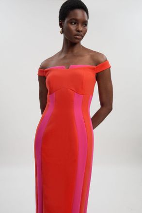 Karen Millen Womens Compact Stretch Colour Block Tailored Bardot Midi Dress - Pink - Size 14 UK