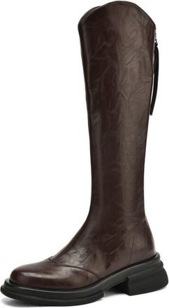 Generic Womens Round Toe Casual Long Boots PU Leather Knee High Boots with Zipper Block Heel Platform Western Boot,Brown,3.5 UK