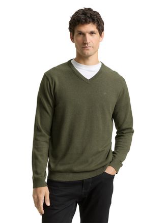 Tom Tailor V-Ausschnitt-Pullover TOM TAILOR, Herren, Gr. XXL, tea leaf melange, Strick, Obermaterial: 100% Baumwolle, meliert, regular fit normal, V-Ausschnitt, 