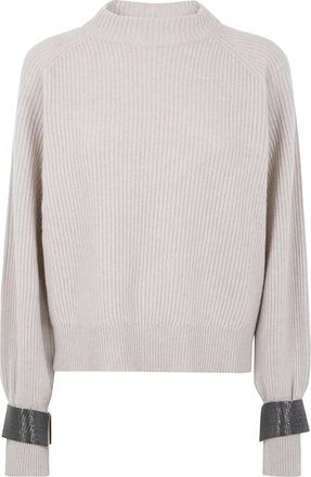 Brunello Cucinelli Brunello Cucinelli Womens Ribbed Sweater With Jewel Cuffs - Light Grey Cashmere - Size X-Small