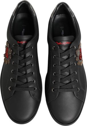 Dolce & Gabbana Mens Black Leather Heart Embellished Sneakers Shoes 100lf