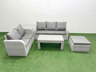 Fimous 6 Seater PE Rattan Wicker Garden Furniture Patio Conservatory Sofa Set w/ Oblong Coffee Table 3 Seater Sofa Love Sofa Big Footstool Side Table
