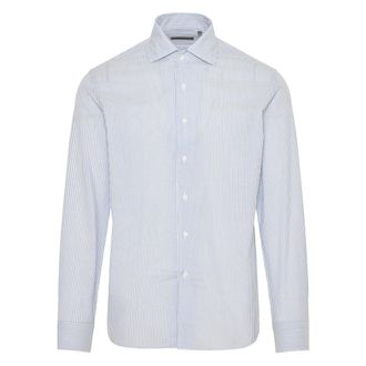 Corneliani Overhemden, Heren, Blauw, L, Katoen, Gestreept katoen zijden overhemd gemaakt in Italië