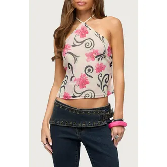 Edikted Floral Swirl Backless Chiffon Halter Top in Cream-And-Pink at Nordstrom, Size X-Large