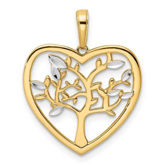 Diamond2Deal 14k Yellow Gold and White Rhodium Diamond-cut Tree of Life Heart Pendant