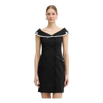 Karl Lagerfeld Kleedjes, Dames, Zwart, XS, Wol, Jurk met off-shoulder en dubbele knopenrij van wolmix