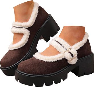 Generic Womens Ankle Boots Winter Mary Platform Boots - Warm Fleece Lined, Chunky Heel & Buckle Decor, Non-Slip Sole for Casual Daily & Street Style, Fashion 