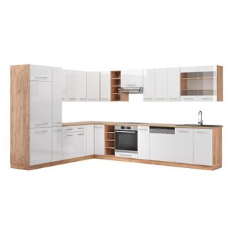 Vicco Cocina Esquinera Fame-line, Blanco Brillo Intenso/roble Dorado, 347 X 257 Cm, Et Roble