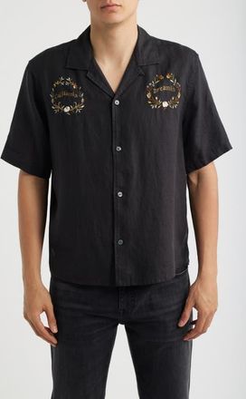 AllSaints Klavicle California Dreamin Embroidered Linen Camp Shirt in Jet Black at Nordstrom, Size Xx-Large