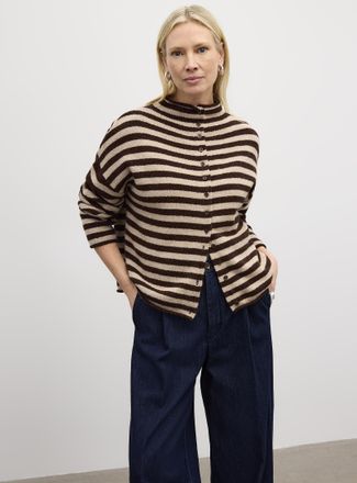 Contemporaine Womens Striped funnel neck Cardigan Sweater