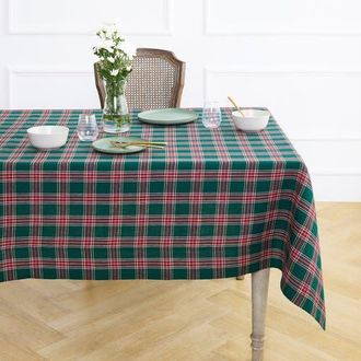 Solino Home Linen Tablecloth for Dining Table, Holiday and Everyday Table Decor - Green Tartan Plaid at Nordstrom, Size X-Large