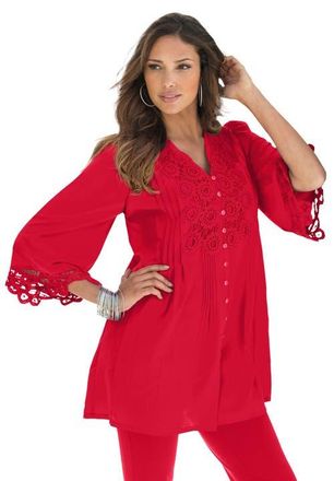 Roaman's Plus Size Juliet Lace Trim Button-Down Shirt in Vivid Red at Nordstrom, Size 42