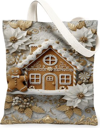 Generic Christmas Gingerbread House Canvas Tote Bags, Floral Print Reusable Grocery Bags, Lightweight Washable Shoulder Strap for Travel Picnic 13x15 Inch