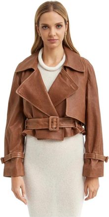 Nour Hammour Hatti Cropped Leren Jas - Dames - Leren en Su&egrave;de Jassen - Bruin - L - Katoen - Jassen