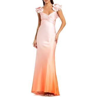 Mac Duggal Charmeuse Ombre Gown with Ruffle Straps and Crossover Bodice in Sunset at Nordstrom, Size 2