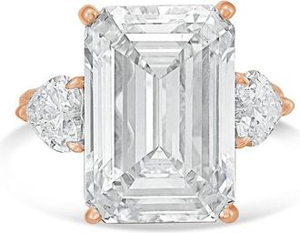 Diana M. Jewels 18kt Rose gold Lab grown 20ct Emerald diamond ring with heart diamonds on the side and micropave band