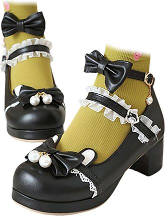 Generic Womens Chunky Mary Jane Heels Featuring Bow & Lace Trim Detail Ankle Strap Court Shoes Traditional German Dirndl Style Footwear Bavarian Oktoberfest S