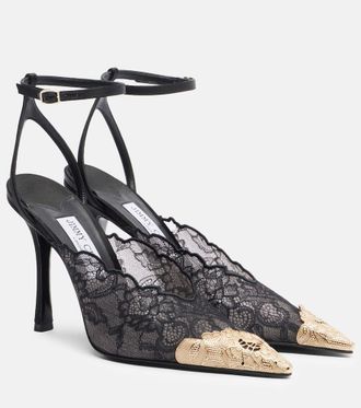 Jimmy Choo London Faiz 100 leather-trimmed lace pumps