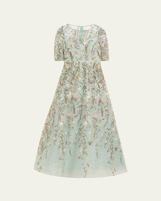 Teri Jon Floral-Embroidered Shimmer Mesh Gown