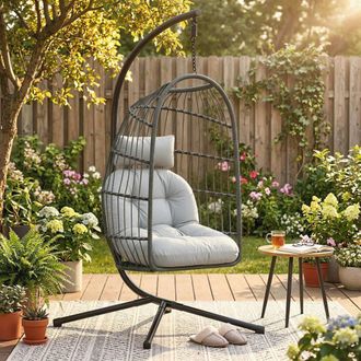 OUTSUNNY Hanging Egg Chair, Outdoor Swing Chair with Stand, Dark/Light Grey in Dark Grey | Size: 1 Seater