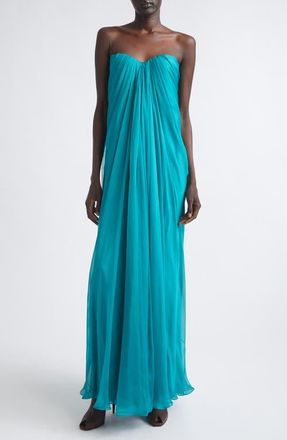 Alexander McQueen Draped Strapless Silk Chiffon Gown in Peacock at Nordstrom, Size 40