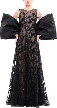 Saiid Kobeisy Bronze Tulle Evening Dress With Embroidery And Dramatic Cape