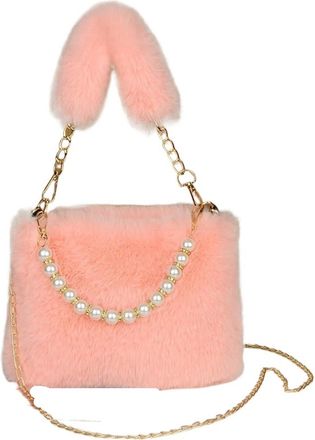 Generic Womens Plush Bags Fluffy Pearl Handbag Fashionable Womens Crossbody Bag Chain Design Autumn Winter Small Versatile(Pink)