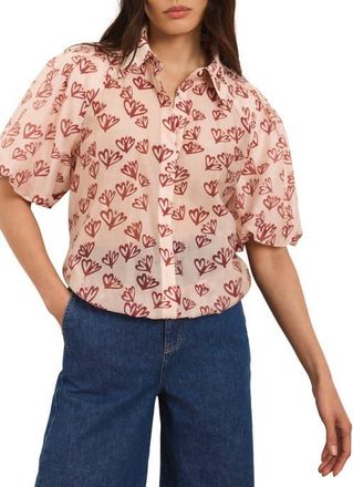 Mint Velvet Heart Print Puff Sleeve Shirt in Light Pink at Nordstrom, Size 14