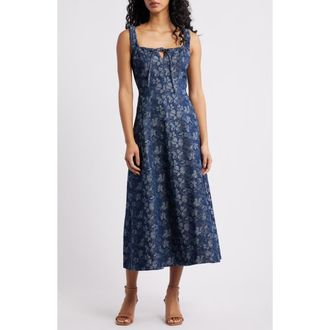 Moon River Floral Denim Midi Dress in Indigo at Nordstrom, Size X-Large