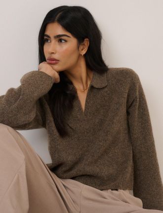 Nobody's Child Brown Open Collar Polo Knitted Jumper