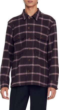 Sandro Plaid Cotton & Wool Flannel Button-Up Overshirt in Marron at Nordstrom Rack, Size Xx-Large