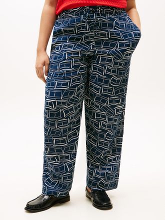 Tommy Hilfiger Stoffhose TOMMY HILFIGER CURVE CRV ESS LINEN PULL ON PANTS, Damen, Gr. 48, N-Gr, flag feathers schwarz night navy, Web, Obermaterial: 100% Leinen, bed