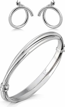 Gold & Honey Womens Crossover Bangle Bracelet And Hoop Earrings Set In Silver