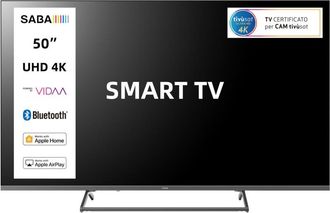 Saba SMART TV 50 pollici ULTRA HD 4K, Sistema operativo VIDAA, Triplo ter DVBT2/C/S2 HEVC MAIN10, Certificato TivuSAT, Piedistallo centrale, Dolby