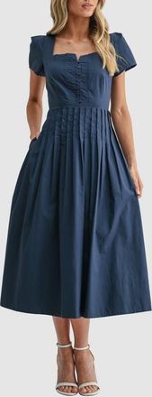 Mila Mae Pintuck Detail Cotton Midi Dress in Navy at Nordstrom, Size X-Small