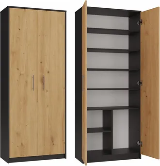 OEM Librer&iacute;a Cerrada Color Antracita - Roble Artesanal, 8 Estantes, Puertas, Para Sal&oacute;n, Despacho O Habitaci&oacute;n Infantil