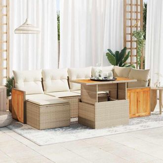 vidaXL Set Sof&aacute;s Jard&iacute;n Y Cojines 7 Pzas Rat&aacute;n Sint&eacute;tico Acacia Beige Vidaxl
