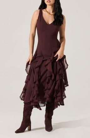 ASTR the Label Philomene Ruffle Detail Midi Dress in Eggplant at Nordstrom Rack, Size X-Small