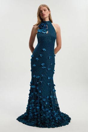 Karen Millen Womens Petite Floral Applique Woven Maxi Rosette - Teal - Size 12 UK