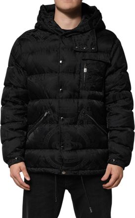 Dolce & Gabbana Mens Black Jacquard Quilted Puffer Hooded Jacket Nylon Clothing
