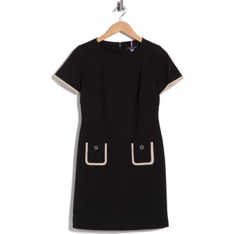 Tommy Hilfiger Short Sleeve Scuba Crepe Contrast Trim Dress in Black/Khaki at Nordstrom Rack, Size 14