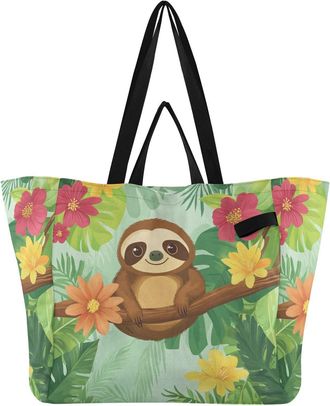Generic Sloth Pink Flower Branch pattern Reusable Canvas Tote Bag, Heavy Duty Grocery Shopping Bag with Large Capacity Double Handles Hard Bottom Work Groceri