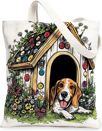 Generic Spring Bloodhound Dog Canvas Tote Bag for Shopping 13x15, Fun Flower Puppy Kennel Reusable Grocery Print Pattern Bag for Women, Cute Pet Beach Aesthet