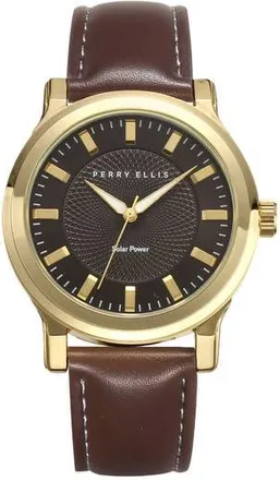 Perry Ellis Solar Faux Leather Strap Watch in Gold/Black at Nordstrom Rack
