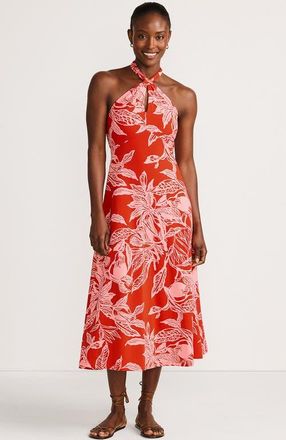 Lands End Cotton Modal Halter Midi Dress in Mandarin Orange Etched Leaves at Nordstrom, Size X-Large P
