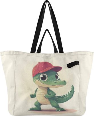 Generic Alligator Baseball Beige pattern Reusable Canvas Tote Bag, Heavy Duty Grocery Shopping Bag with Hard Bottom Large Capacity Double Handles Work Groceri